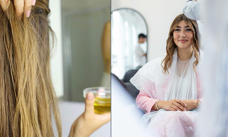 Ladies at home and at the salon for hair treatment.