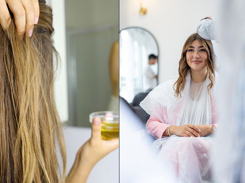 Ladies at home and at the salon for hair treatment.